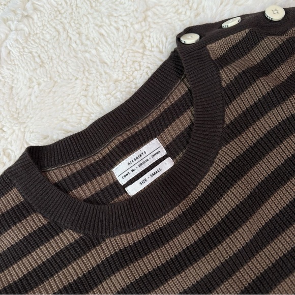 All Saints Men Brown Striped Cotton Crewneck Knit Sweater - Picture 2 of 11